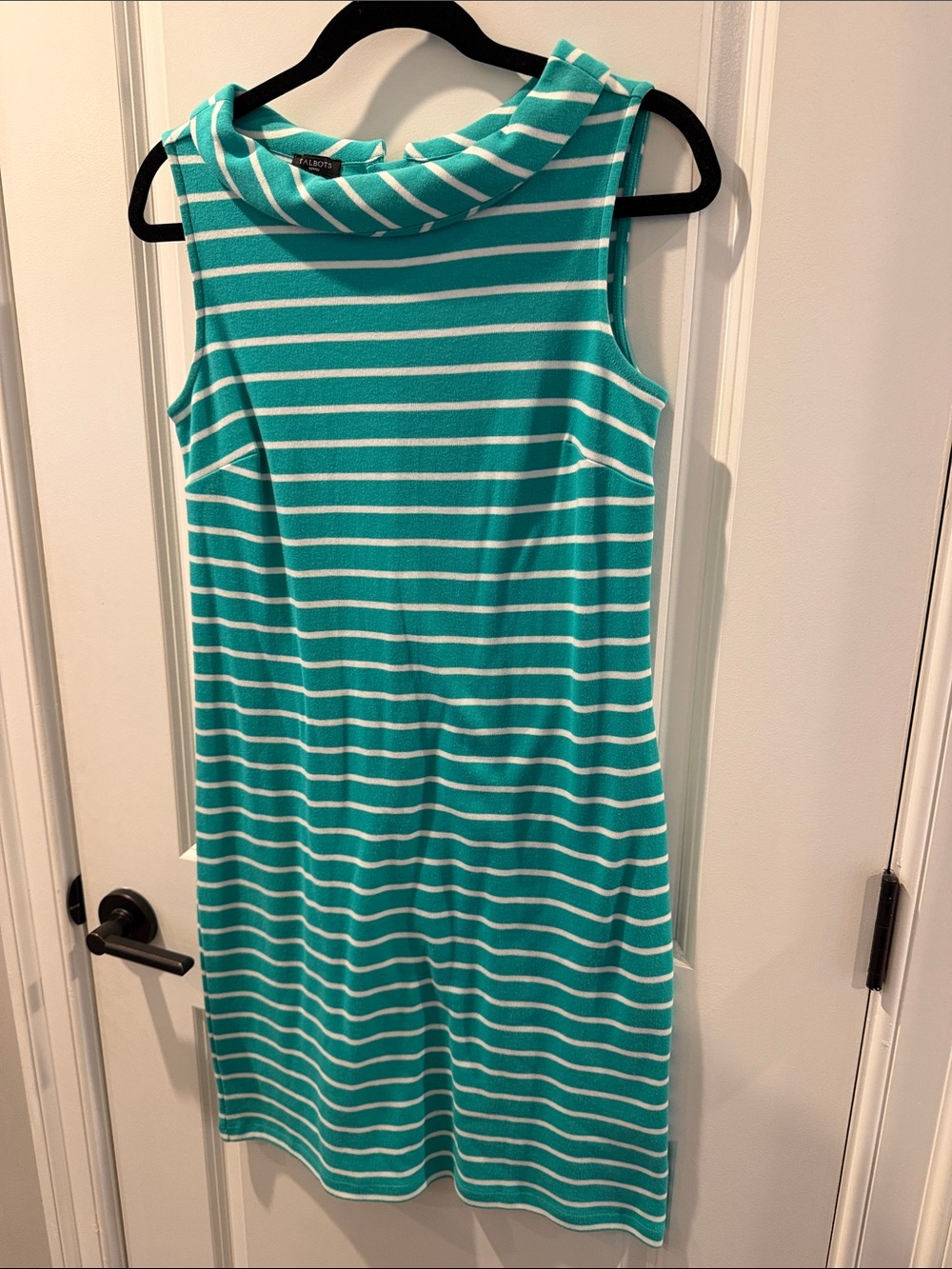 Talbots Teal & White Striped Sleeveless Cowl Neck Midi Dress